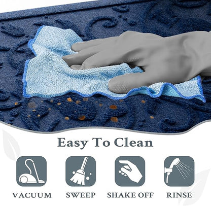 Boho Blue Floral Leaves Outdoor Indoor Entrance Doormats, Absorbent Durable Heavy Duty Welcome Front Door Mat,Thick Natural Rubber Back,Easy Clean Entryway Mat 23x35 Inch, Low Profile