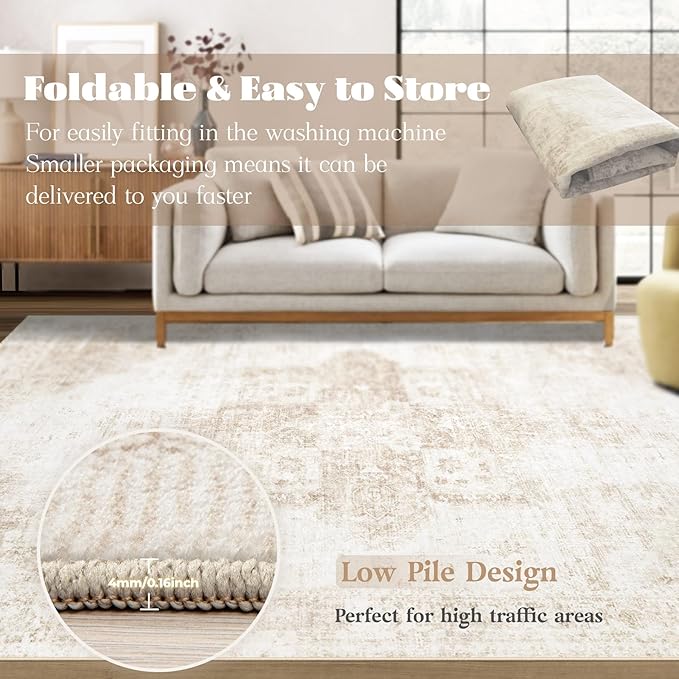 Area Rug 3x5 Washable Rug, Vintage Boho Medallion Entryway Rug Non-Slip Soft Low Pile Small Distressed Floor Carpet Retro Doormat for Kitchen Bedroom Laundry Bathroom Hallway (Beige, 3'x5')