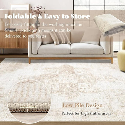 Area Rug 3x5 Washable Rug, Vintage Boho Medallion Entryway Rug Non-Slip Soft Low Pile Small Distressed Floor Carpet Retro Doormat for Kitchen Bedroom Laundry Bathroom Hallway (Beige, 3'x5')