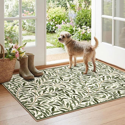 Boho Outdoor Rug - 28" x 43" Front Door Mat Indoor Outside Entrance Non-Slip Washable Outdoor Mat Spring Sage Green Leaf Rug for Entryway Kitchen Bedroom Layered Doormat for Front Porch
