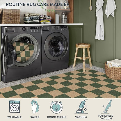 Lahome Colette Checkered Outdoor Runner Rug, 2x8 Green Kitchen Runner Rugs for Non Skid Washable Entryway Carpet, Checkerboard Non Slip Non Shedding Carpet for Bedroom