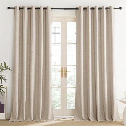 NICETOWN Cream 100% Blackout Linen Curtains 102 inch Long Burg for Living Room, 1 Pair, 62" Width Each Panel, Farmhouse Thick Completely Blackout Window Treatment Thermal Insulated Drapes