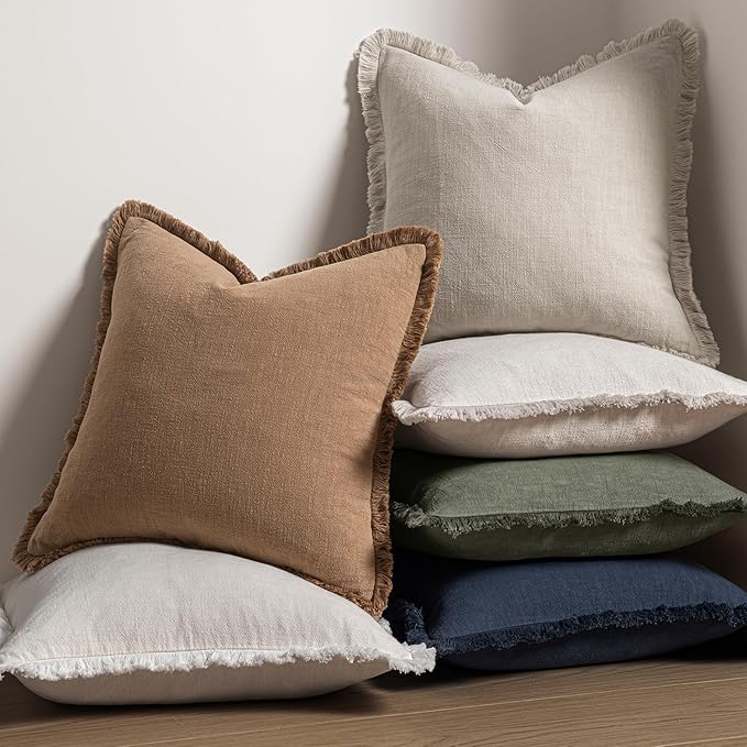 MIULEE Decorative Throw Pillow Covers Neutral Linen Fringe Throw Pillows Euro Shams Set of 2 Natural Beige Boho Farmhouse Cushion Covers for Couch Sofa Bed Living Room Spring Home Decor 28x28 Inch