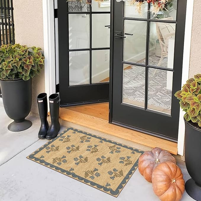 Front Door Mat Outside Entrance - 2x3 Floral Non-Slip Washable Doormat Indoor Outdoor Mat Jute-Look Farmhouse Blue Scalloped Entry Rug Small Throw Rugs for Entryway Kitchen Front Porch Decor