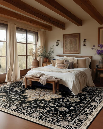 Area Rugs 10'x14' Washable Non-Slip, Floral Vintage Distress Print Pattern Medallion Carpet for Living Room Bedroom Dining Room, Black Brown Neutral Dark Tan