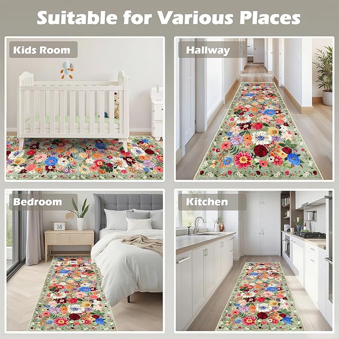 Rug for Hallways Green Kitchen Rug 2x6, Non Slip Washable Rugs with Rubber Backing Soft Floral Carpet Runner for Hallways, Kitchen, Laundry, Bedroom, Bathroom (2 x 6, Green Garden)