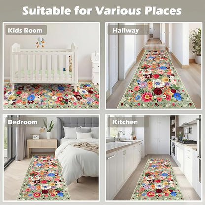 Rug for Hallways Kitchen Rug 2x8 Green, Non Slip Washable Rugs with Rubber Backing Soft Floral Carpet Runner for Hallways, Kitchen, Laundry, Bedroom, Bathroom (2 x 8, Green Garden)