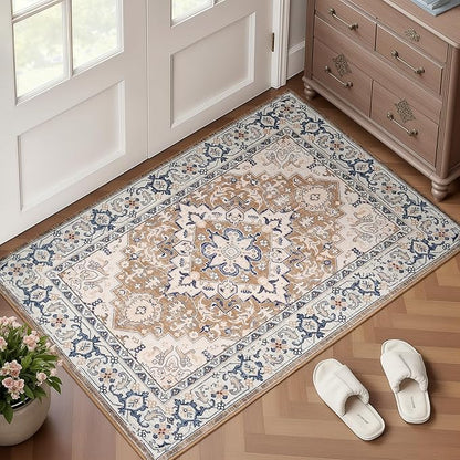 Lofus 2x3 Washable Rug for Entryway Bathroom, Non Slip Kitchen Mats for Floor, Vintage Soft Door Mat Indoor Entrance, Small Area Rugs, Farmhouse Carpet for Entry Living Room Bedroom, Floral Brown