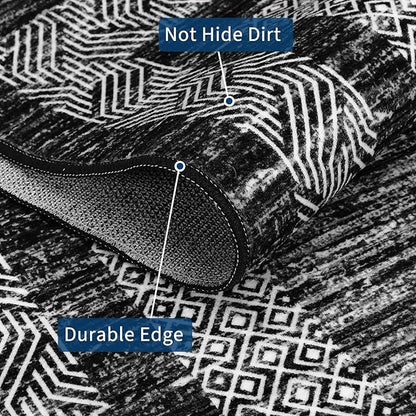 GarveeHome Washable Rug 5x7 Modern Bordered Rug with Non Slip Rubber Backing, Low Pile Thin Carpet, Soft Non Shedding Floor Covering, Foldable Printed Carpet for Living Room Bedroom, Black