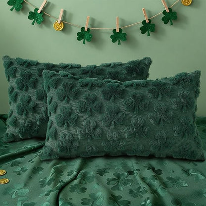 decorUhome St. Patrick’s Day Shamrock Green Pillow Covers 12x20 Inch Set of 2, Soft Plush Faux Wool Throw Pillow Covers, Farmhouse Spring Holiday Decor for Sofa Living Room