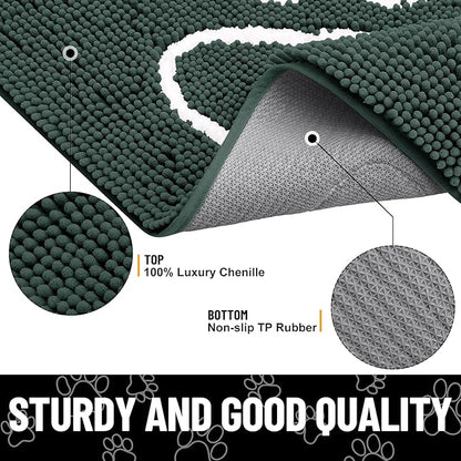 Smiry Dog Door Mat for Muddy Paws, Absorbent Dirt Trapper Non Slip Quick Dry Washable Chenille Mat for Mud Dogs, Entry Rug for Indoor and Outdoor (59x35 Inches, Green and White)