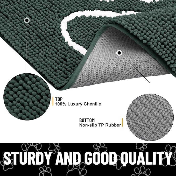 Smiry Dog Door Mat for Muddy Paws, Absorbent Dirt Trapper Non Slip Quick Dry Washable Chenille Mat for Mud Dogs, Entry Rug for Indoor and Outdoor (47x32 Inches, Green and White)