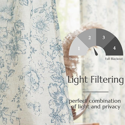 jinchan Linen Floral Curtains 63 Inch Length for Living Room Bedroom Light Filtering Farmhouse Peony Flower Drapes Rustic Window Curtain Set Rod Pocket Back Tab 2 Panels Blue