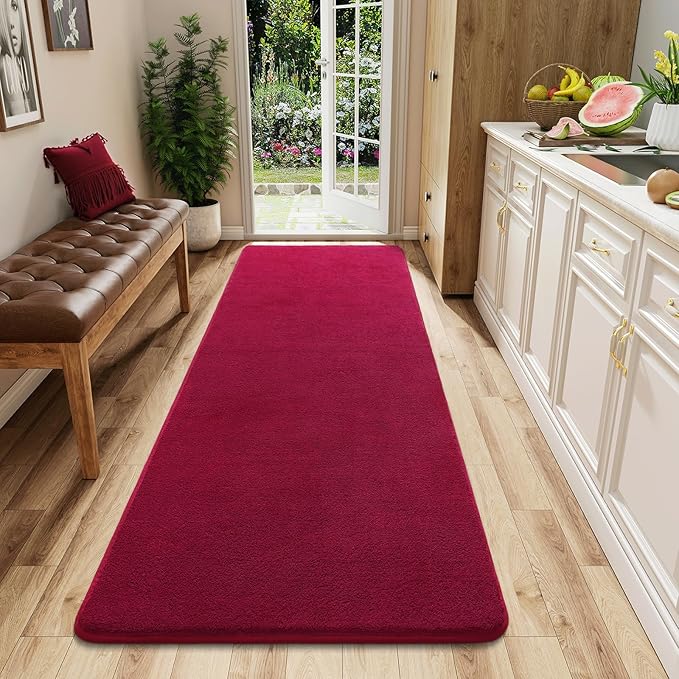 AROGAN Shag Runner Rug for Hallways, 2x6 Feet Washable Rugs with Memory Foam for Bedroom, Entryway Indoor Fluffy Throw Rug for Bedside Living Room Kids Girls Nursery Dorm Room Decor, Wine Red