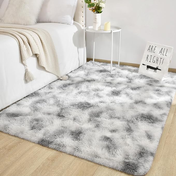 TWINNIS Super Soft Shaggy Rugs Fluffy Carpets 5x7 Feet, Indoor Modern Plush Area Rugs for Living Room Bedroom Kids Room Nursery Home Decor, Upgrade Anti-Skid Fuzzy Rug, Grey and White