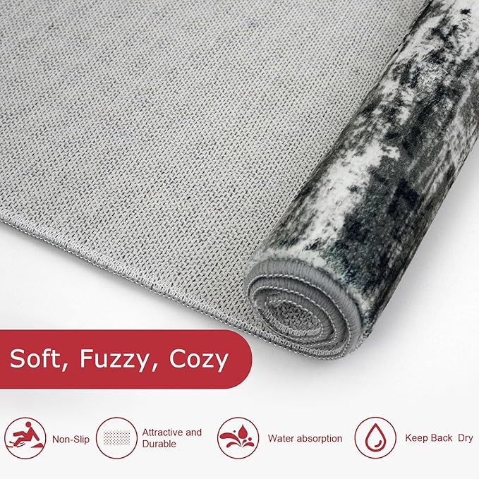 KOZYFLY Modern Abstract Runners for Hallways 2x12 Washable Rug Runner Non-Slip Soft Striped Kitchen Runner Rug, Black Grey Print Carpet Runner for Entryway Bathroom Laundry Room Foyer