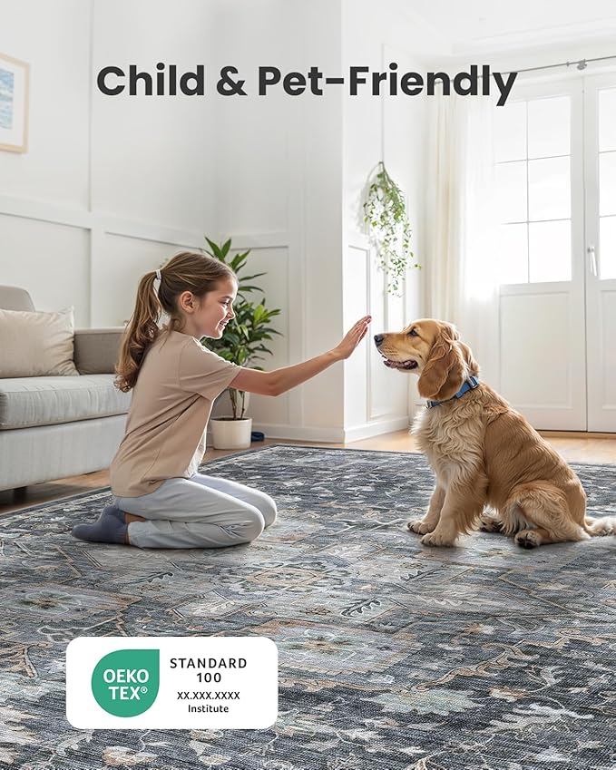 AMADA HOMEFURNISHING 8x10 Washable Area Rug, Low-Profile Large Area Rug with Non-Slip Backing & Durable Edge Binding, Vintage Large Rugs for Living Room, Bedroom, Dinning Room