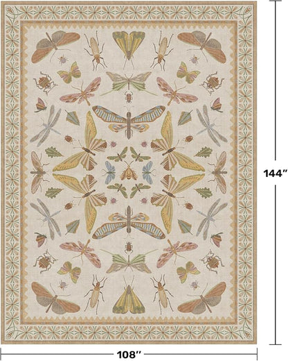 Hazo Haus Beige Dining Table Rug - 6x9 Area Rugs for Bedroom, Living Room, Cute Kids Room, Large Fun Insect Butterfly Vintage Non-Slip Décor, Low Pile Stain Resistant
