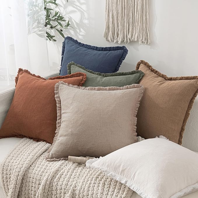 MIULEE Decorative Throw Pillow Covers Neutral Linen Fringe Throw Pillows Set of 2 Natural Linen Boho Farmhouse Cushion Covers with Tassels for Couch Sofa Bed Spring Home Decor 20x20 Inch