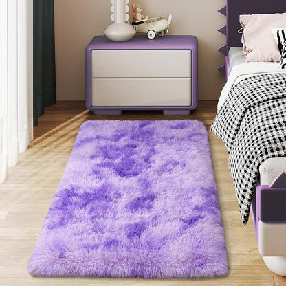 Soft Runner Rugs for Bedroom Hallways, 2x4 Tie-Dyed Purple Fluffy Shag Throw Area Rug Non Slip for Bedside Dorm, Long Shaggy Furry Carpet for Nursery Living Room