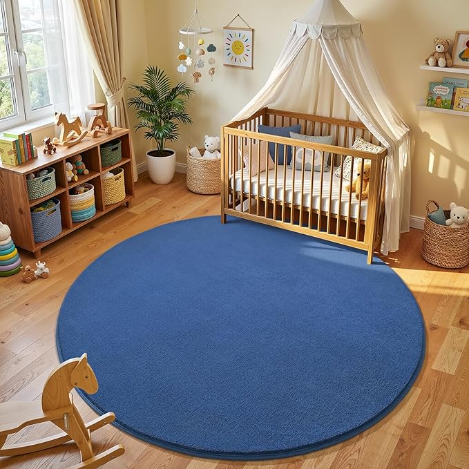 Amearea Blue Round Area Rugs 5ft Washable Circle Rugs for Bedroom Living Room, Fluffy Indoor Thickened Memory Foam Rug, Non Slip Minimalist Circular Carpet for Kids Boys Girls Dorm Nursery Room Decor