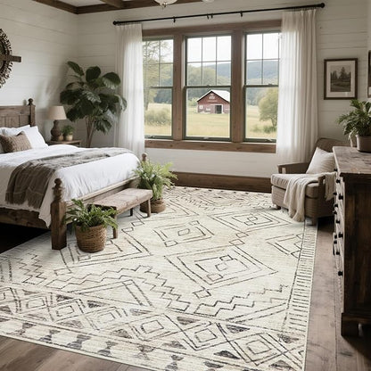 Washable Rugs 8x10 Area Rugs for Living Room,Bedroom,Dining Room- Large Ultra Soft Faux Wool Retro Carpet,Non Slip&Non-Shedding Low Pile Morocco Rug for Farmhouse Home Office Dorm(Beige-Brown)