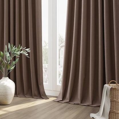 Guken Mocha Mousse 100% Blackout Linen Curtains 96 Inch Length 2 Panels Set for Living Room Bedroom Back Tab/Rod Pocket Thermal Insulated Farmhouse Black Out Drapes Room Darkening,52x96