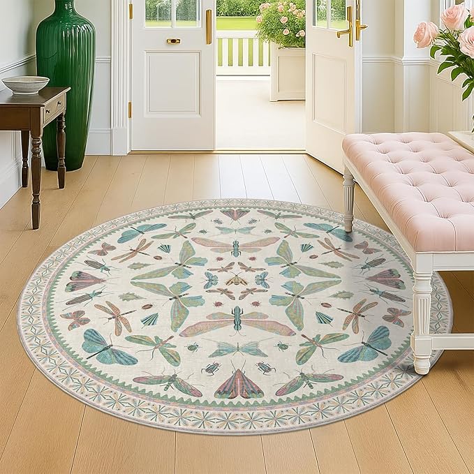 Cream Round Rugs 4ft for Living Room - Soft Washable Small Circle Throw Rugs for Kids Bedroom, Baby Nursery, Playroom, Reading Corner, Insect Stain Resistant Floor Carpet, Beige Green