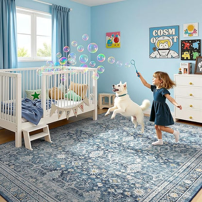 Lofus 8x10 Area Rug for Living Room,Blue Washable Area Rugs with Non-Slip Backing,Soft Boho Carpets for Bedroom Dining Room Home Office Indoor Nursery
