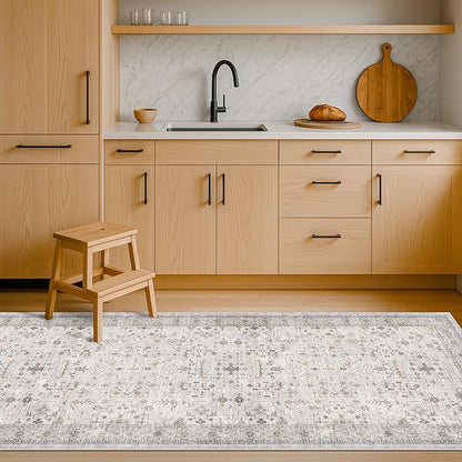 Light Grey 2x5 Boho Bathroom Runner Rug - Modern Eclectic Floral Pastel Neutral Taupe, Washable Low Pile Non-Slip Runner Rugs for Laundry Room, Kitchen, Door Mat Indoor Entrance, Bedroom Beside Bed