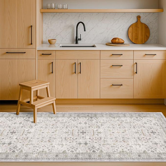 Hazo Haus Non Slip Hallway Runner Rug - 2 x 10 Runner Rug, Washable & Waterproof 2x10 Kitchen Floor Mat - Extra Long Light Gray Neutral Farmhouse Boho Design Décor