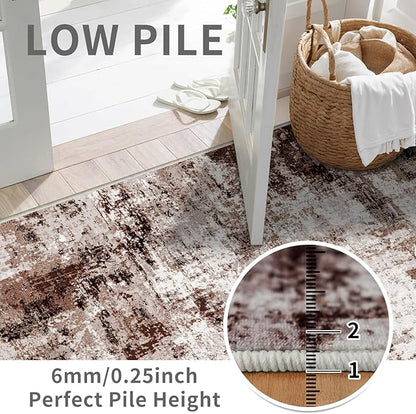 2x8 Washable Runner Rugs for Hallway: Easy-to-Clean Abstract Runners for Entryway Bedroom - Stain and Water Resistant Rugs with Non-Slip Backing - Soft Low-Pile Carpet Brown Khaki White