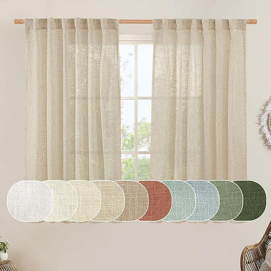 LAMIT Semi Sheer Linen Curtains 54 Inch Length 2 Panels, Light Filtering Panels Back Tab and Rod Pocket Neutral Drapes for Small Window/Bedroom, 52 x 54 Inch