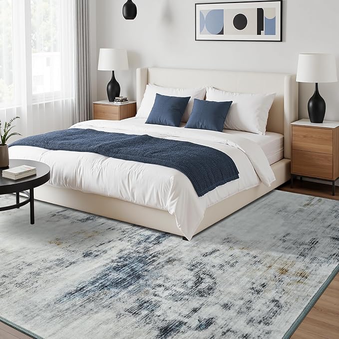Toneed Abstract Area Rug 5x7 Modern Washable Rug Soft Non Slip Rug Low Pile for Bedroom Living Room Dining Room Blue/White