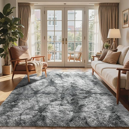 8x10 Ft Extra Large Shag Rugs for Living Room, Tie Dyed Ultra Soft Fluffy Furry Area Rugs for Bedroom Indoor Floor, Aesthetic Carpet for Kids Home Decor (Grey)