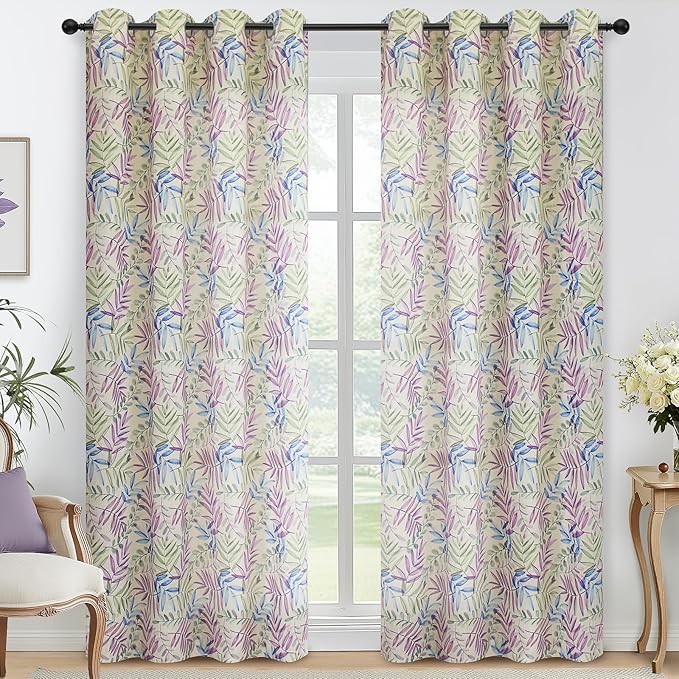 Yakamok Farmhouse Linen Curtains for Living Room 84 Inches Long,Texture Curtains Blue and Purple Grommet Leaves Plant Pattern Bedroom Curtain 2 Panels