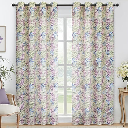 Yakamok Farmhouse Linen Curtains for Living Room 84 Inches Long,Texture Curtains Blue and Purple Grommet Leaves Plant Pattern Bedroom Curtain 2 Panels