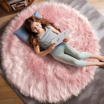 Ashler Faux Fur Rug, Pink Fluffy Shaggy Area Rug, Soft 3x3 Ft Round Sheepskin, Fuzzy Machine Washable Carpet, Nursery Rug for Kids Bedroom, Living Room