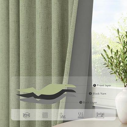 Light Sage Green Black Out Curtains 96 Inch Long for Bedroom 2 Panel Linen Textured Boho Blackout Curtains Darkening Neutral Farmhouse Thermal Drapes for Sliding Doors Patio Living Room 52x96 Length