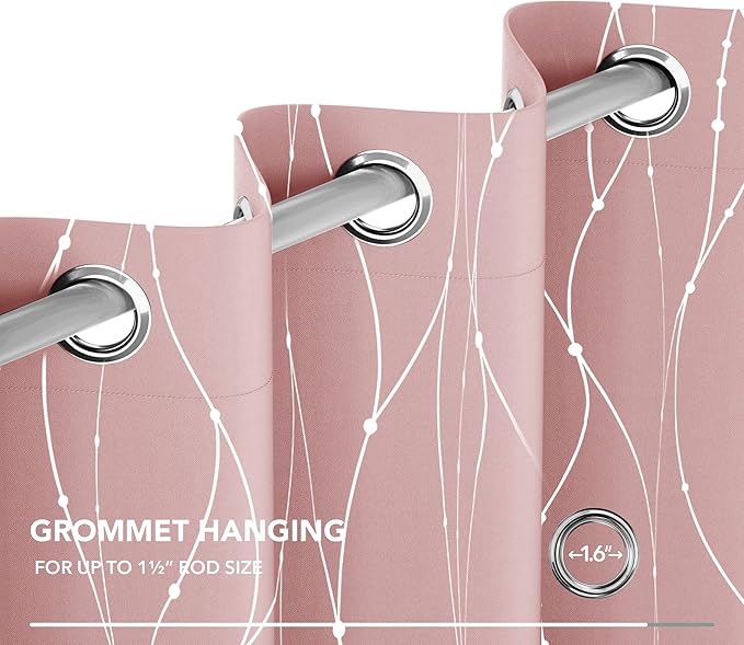 Deconovo Pink Blackout Curtains for Bedroom, Thermal Insulated Soundproof Pravicy Curtain, Silver Wave Dots Print, 42 x 84 Inch Long, Machine Washable Window Panels for Kids Room Nursery, Set of 2