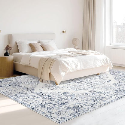5x7 Area Rugs for Living Room: Washable Rug Vintage Large Rugs Soft Non Slip Low Pile Rug Floral Distressed Floor Carpet for Bedroom Kitchen Nursery Dining Room Home Office (Blue, 5'x7')