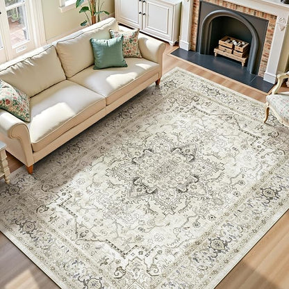 Lofus 8x10 Area Rugs for Living Room, Washable Area Rug, Rugs for Bedroom, Kitchen, Vintage Boho Carpet, Soft Non-Slip, Low Pile Large Area Rug for Office Dining Room, Beige and Brown