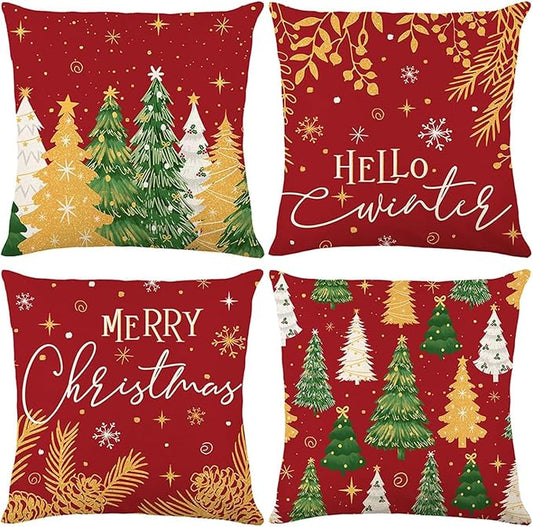 ONFAON Christmas Decorations - Christmas Pillow Covers 18 x 18 Inches Set of 4,Xmas Tree Throw Pillow Cases Winter Holiday Decor for Sofa Living Room