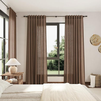 Nanspring Caramel Brown Linen Curtains 63 Inches Length 2 Panels Set for Living Room Back Tab Pocket Light Filtering Semi Sheer Drapes Elegant Farmhouse Cotton Linen Textured Window Curtain 52X63