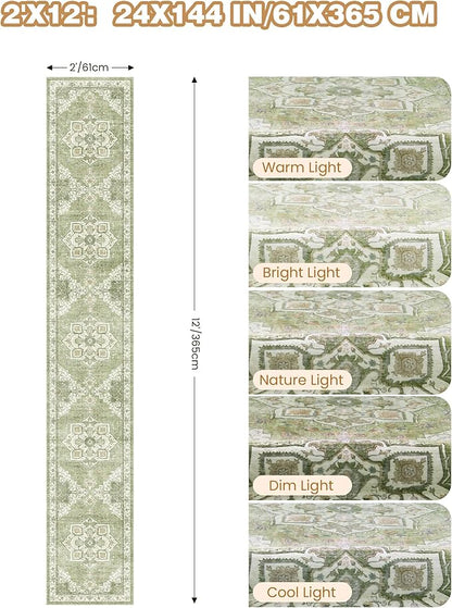 Hallway Runner Rug 2x12, Extra Long Washable Runner Rugs with Rubber Backing, Non Slip Runner, Vintage Rug Runners for Kitchen Laundry Room Entryway (Light Green,2'x12')