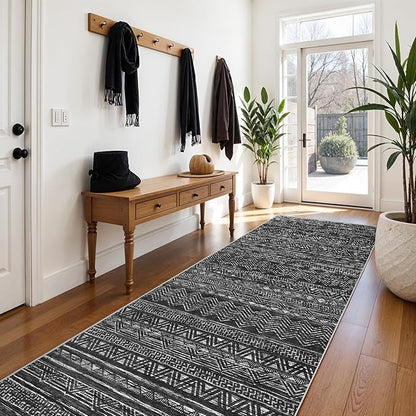 3x10 Washable Hallway Runner Rug - Moroccan Non-Slip Long Runners for Entryway Soft Modern Geometric Low-Pile Rugs for Kitchen Waterproof Neutral Carpet for Bedrooom Bathroom Laundry 3x10 Black