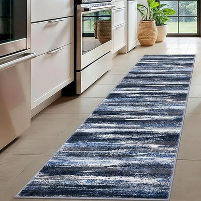 Lansny Modern Abstract Hallway Runner Rug, Navy Blue Washable Kitchen Runner Non-Slip Soft 2x8 Runner Rug Thin Print Faux Wool Carpet for Entryway Bedroom Laundry Room Indoor