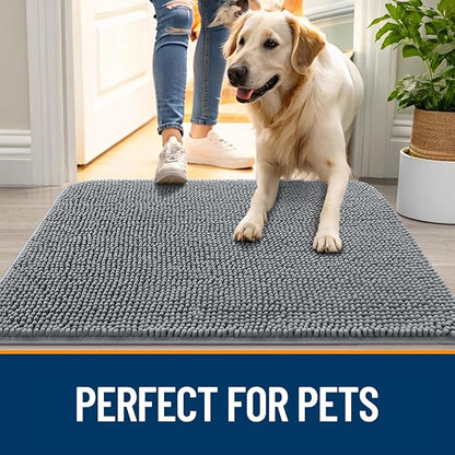 OLANLY Dog Door Mat for Muddy Paws 50x30, Absorbs Moisture and Dirt, Absorbent Non-Slip Washable Doormat, Quick Dry Chenille Mud Mat for Dogs, Entry Indoor Entryway Carpet for Inside Floor, Grey