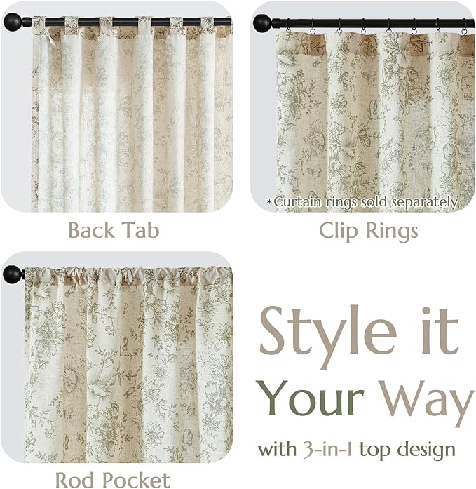 jinchan Linen Blend Floral Curtains for Living Room 84 Inch Length Farmhouse Printed Curtain Rod Pocket Back Tab Sage Green Peony Flower Patterned Drapes Bedroom Curtains Set 2 Panels