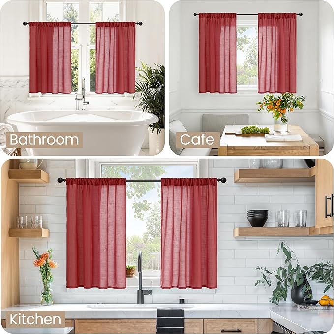 BGment Burgundy Linen Kitchen Curtains 40 Inch Length, Short Semi Sheer Drapes with Rod Pocket for Cafe Bathroom Over Sink Windows Lightweight, 2 Panels Set, Each 42 Inch Wide